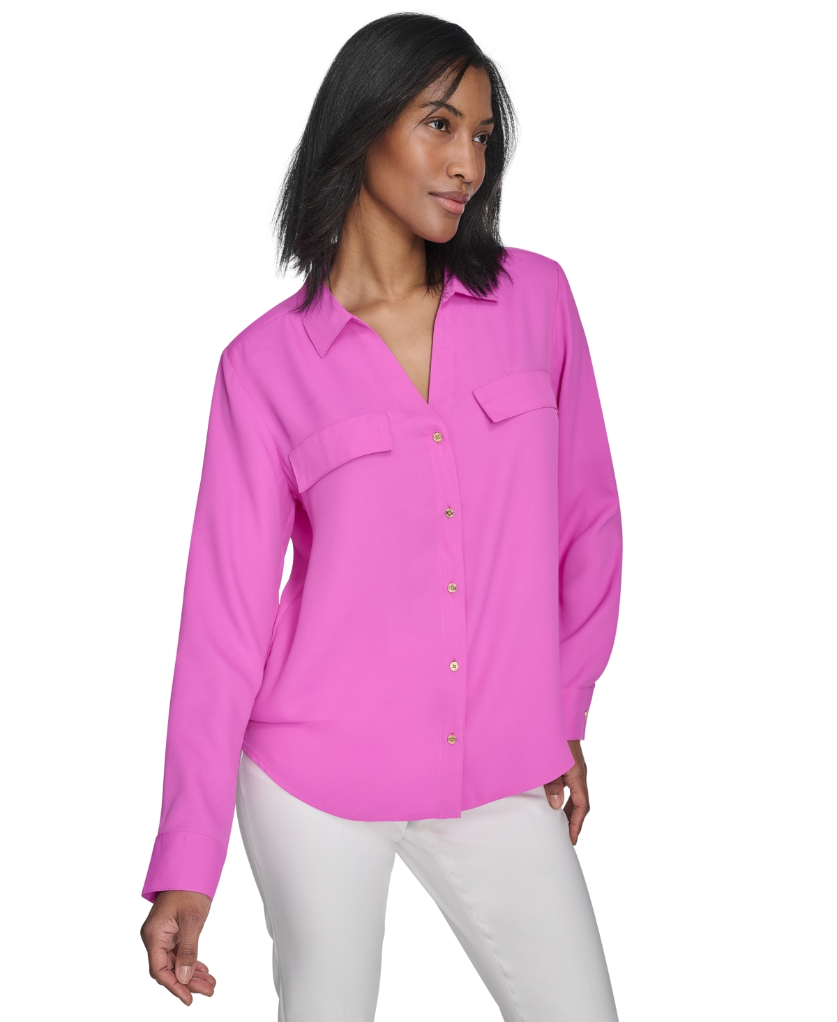 HALSTON WOMEN'S COLLARED BUTTON-FRONT LONG-SLEEVE SHIRT 