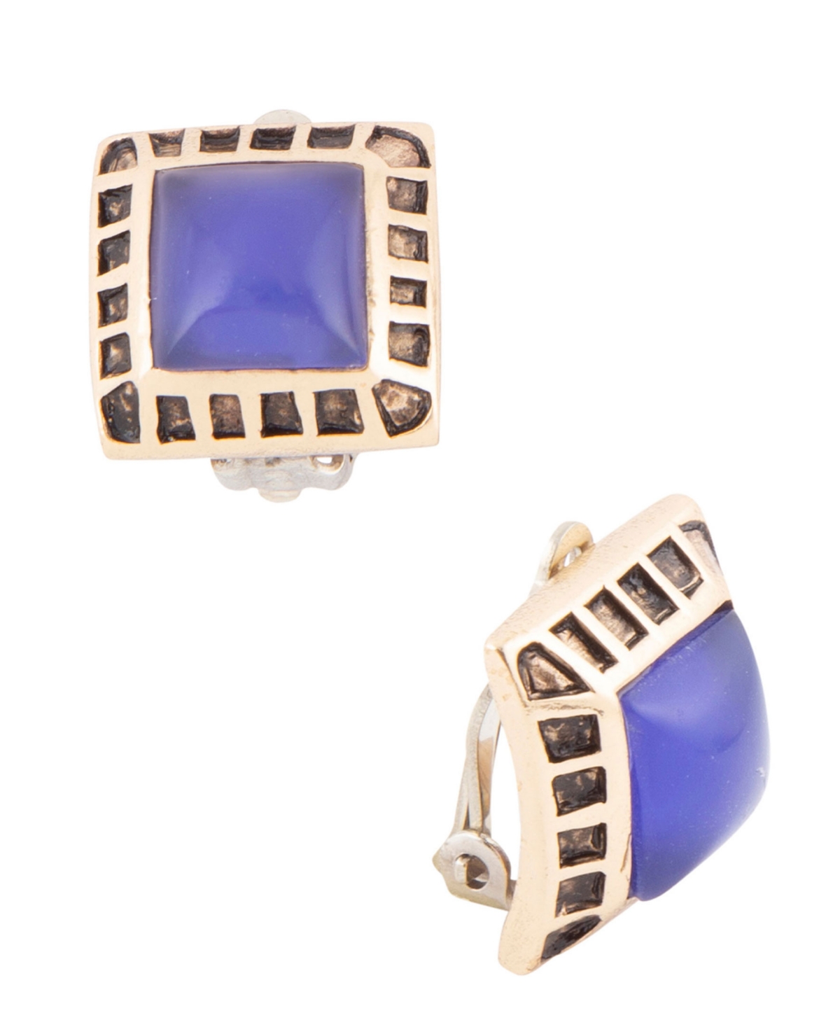 Blue Agate Golden Square Clip Earrings - Genuine Blue Agate