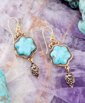 Flower Genuine Blue Turquoise Golden Drop Earrings