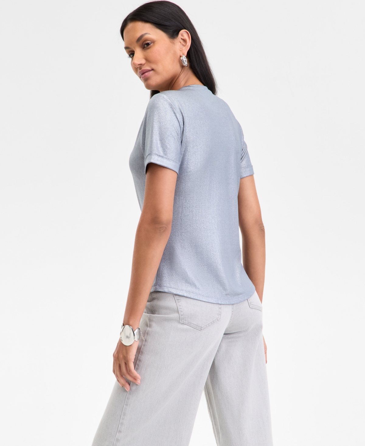 Inc International Concepts Women's Foil T-shirt, Exclusively At Macy's In Silver