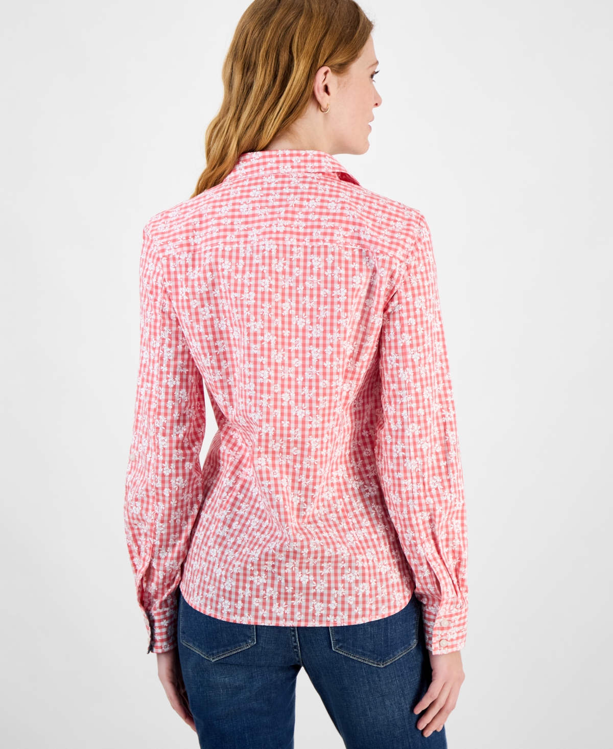 Tommy Hilfiger Women's Floral Gingham Cotton Shirt In Sherbert,bright White