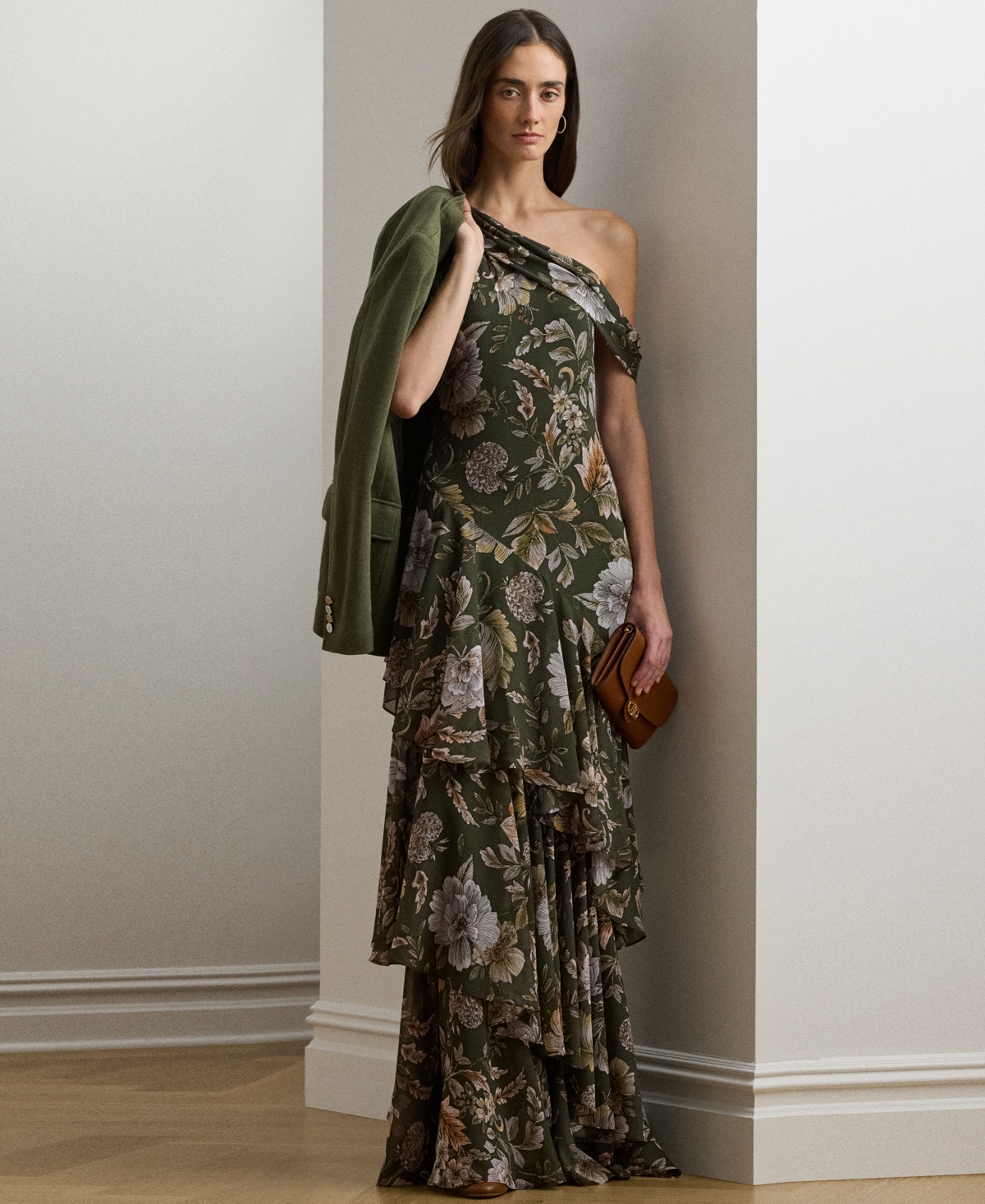 Shop Ralph Lauren Women's Floral Georgette One-shoulder Gown In Olive Multi