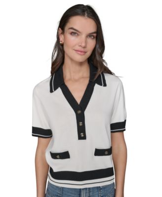 KARL LAGERFELD PARIS - Petite Short-Sleeve Tipped Polo Sweater