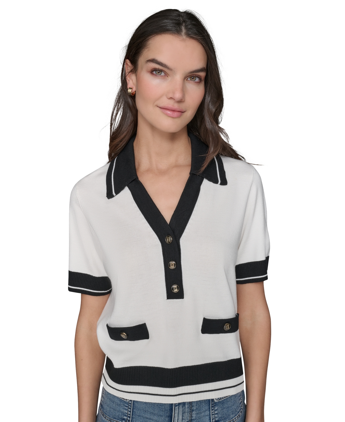 Shop Karl Lagerfeld Petite Short-sleeve Tipped Polo Sweater In Soft White,black