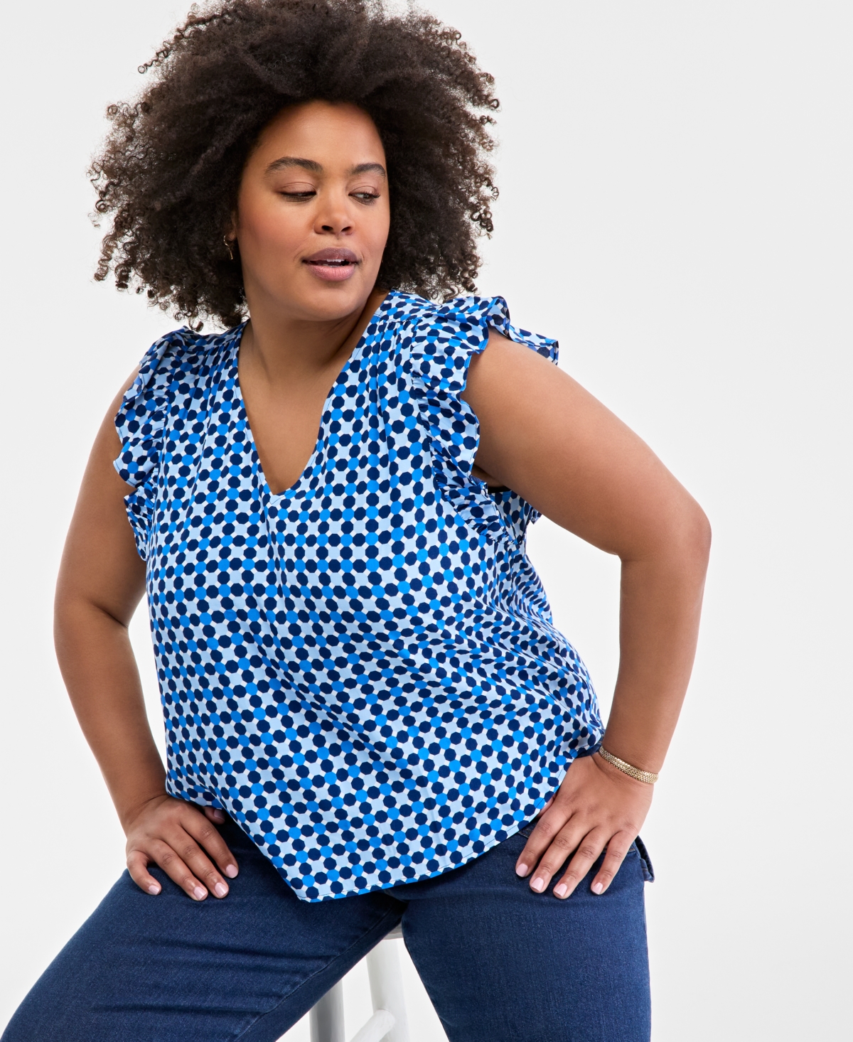 On 34th Trendy Plus Size Geo-print Flutter-sleeve Top, Exclusively At Macy's In Blazing Na