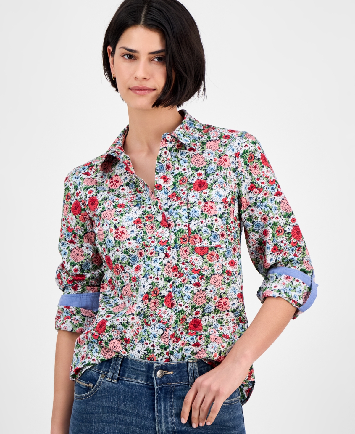 Nautica Jeans Women's Floral-print Cotton Roll-tab Shirt In Bloom Multi