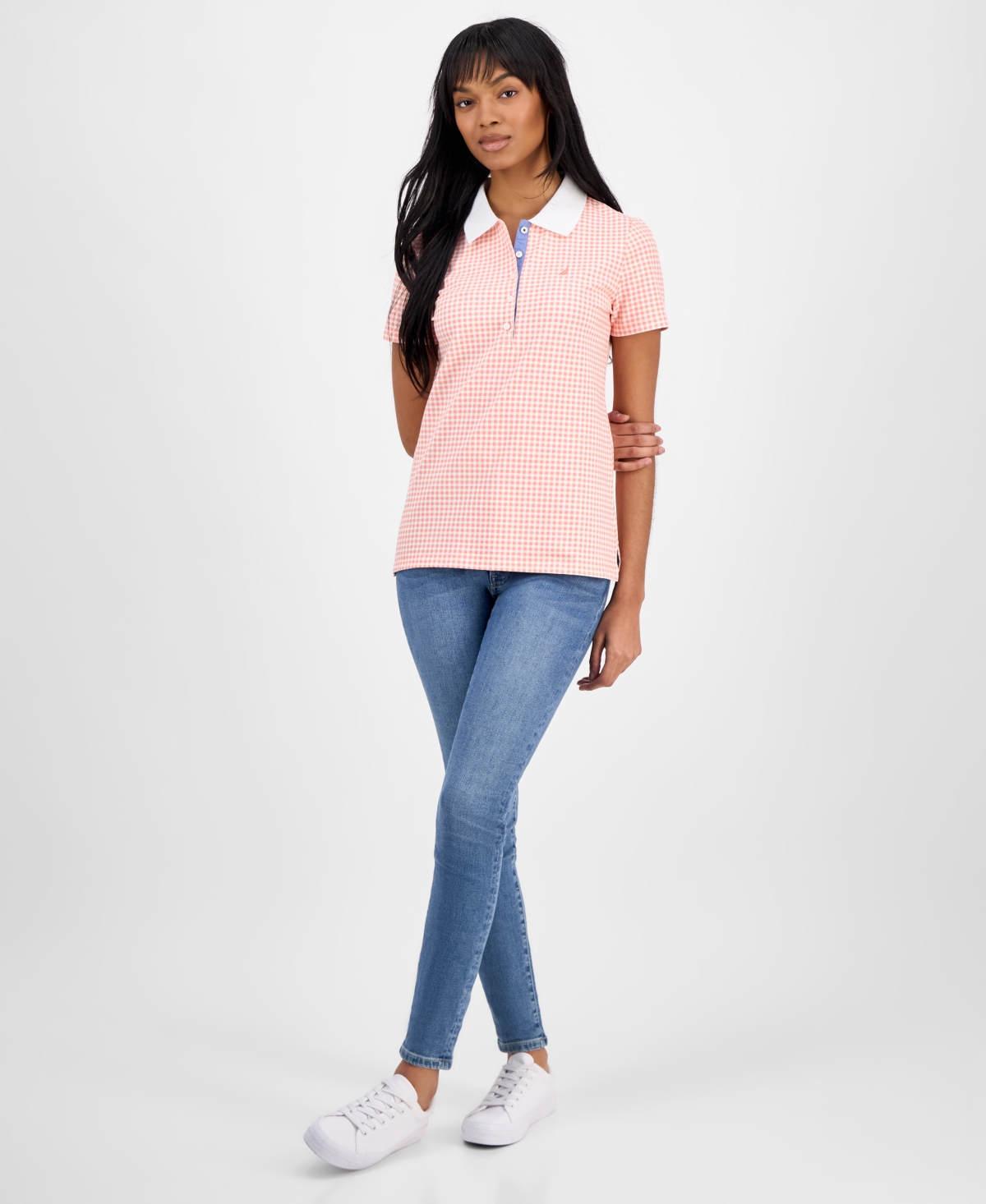 Nautica Jeans Women's Gingham Polo Shirt In Bloom,bright White