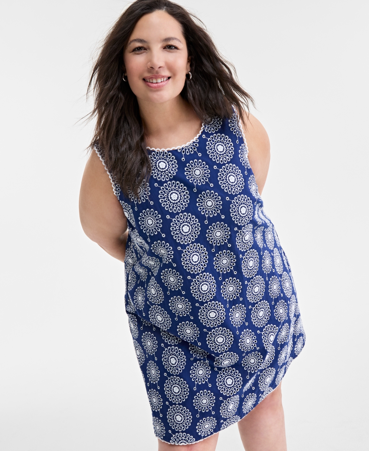 On 34th Women's Sleeveless Scallop-edge Eyelet Shift Dress, Created For Macy's In Blazing Na
