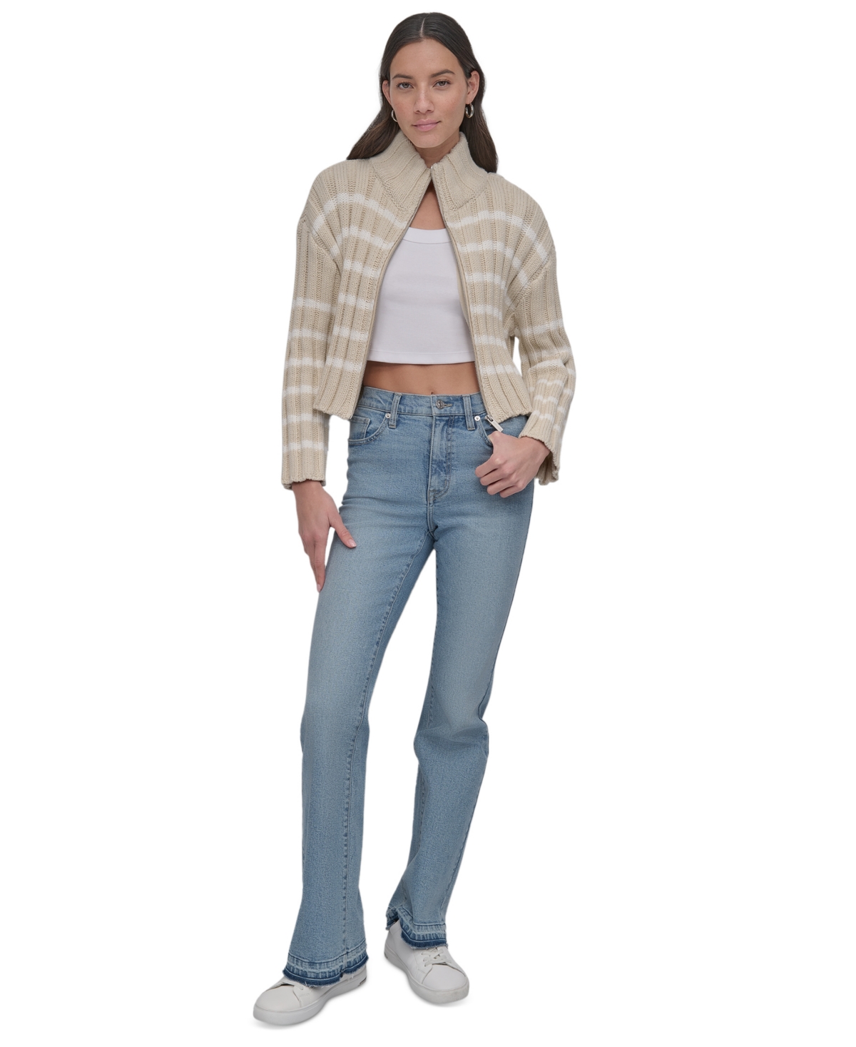 Shop Dkny Jeans Women's Cotton Mock-neck Zip-up Cardigan In Kxy - Ltct Kh,ivory