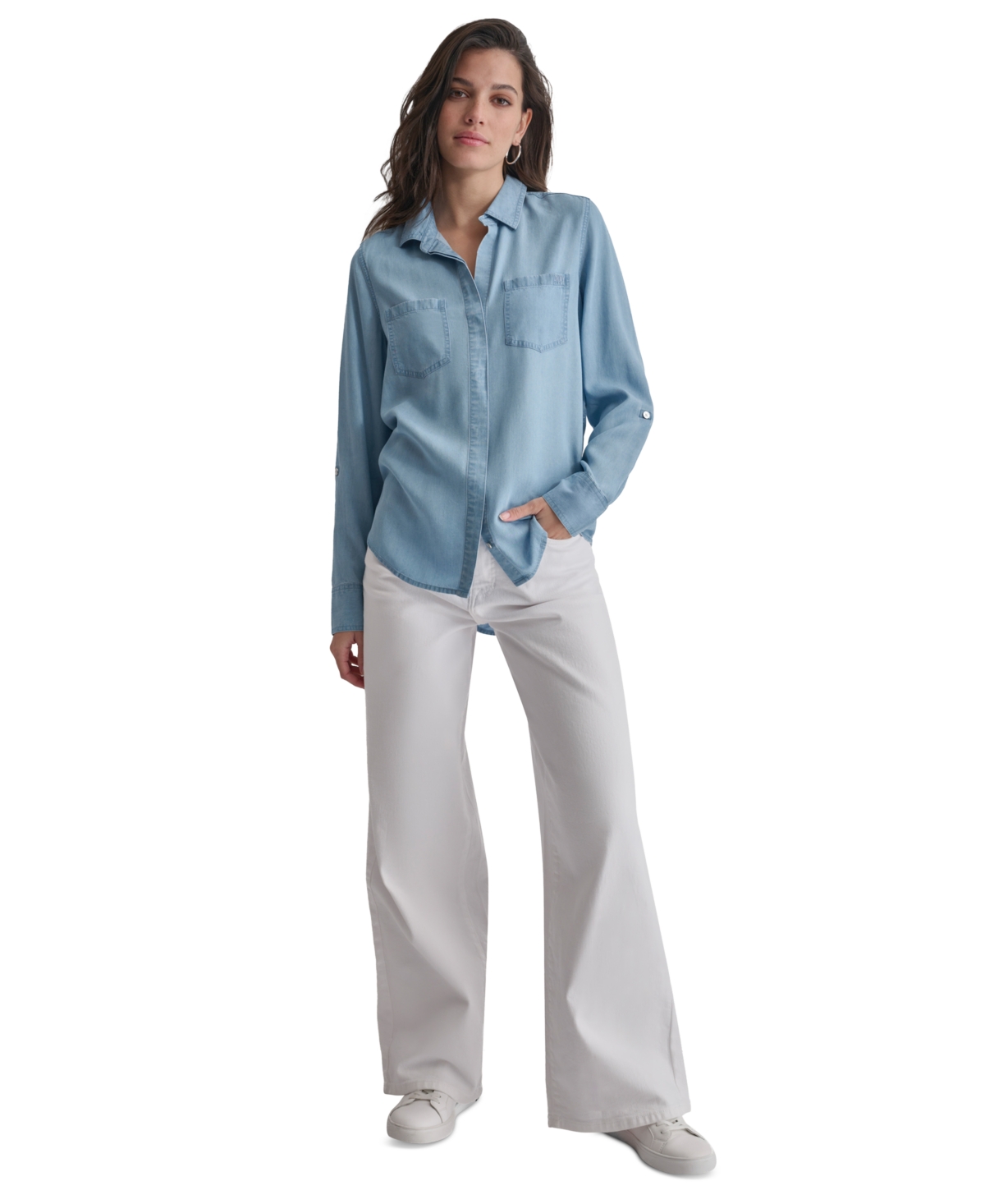 Shop Dkny Jeans Women's Roll-tab-sleeve Button-front Shirt In Fjz - Chambray