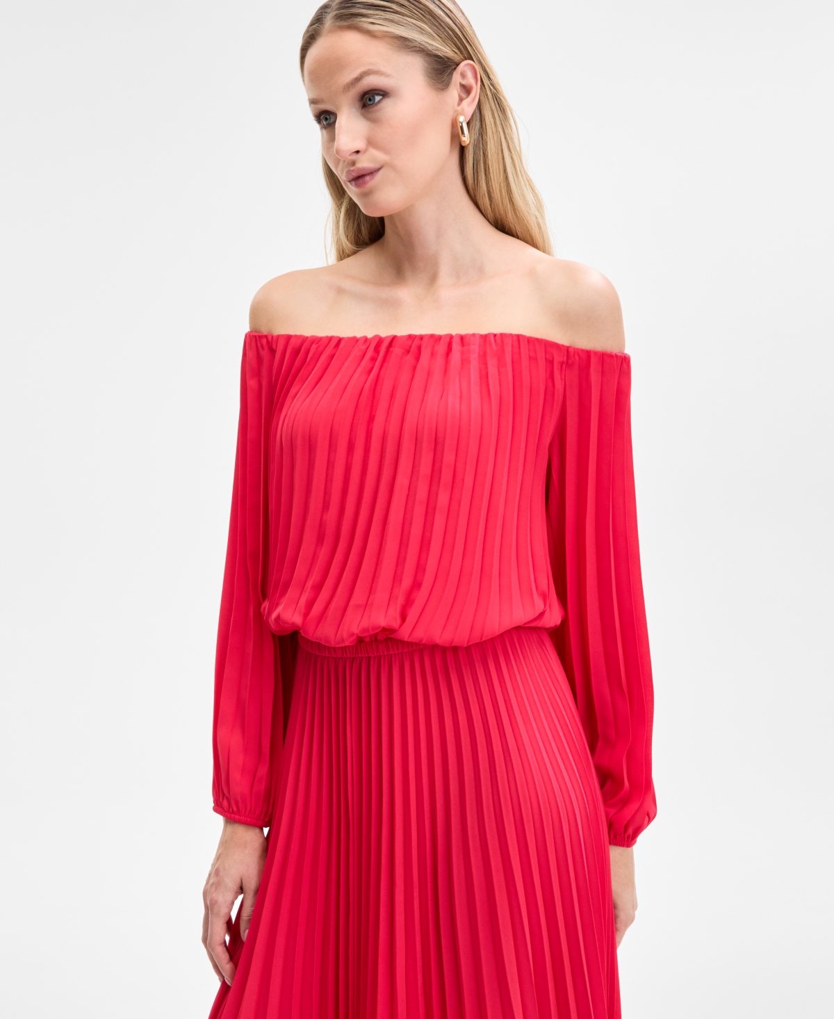 Shop Inc International Concepts Women's Printed Pleated Off-the-shoulder Maxi Dress, Exclusively At Macy's In Fresh Lips