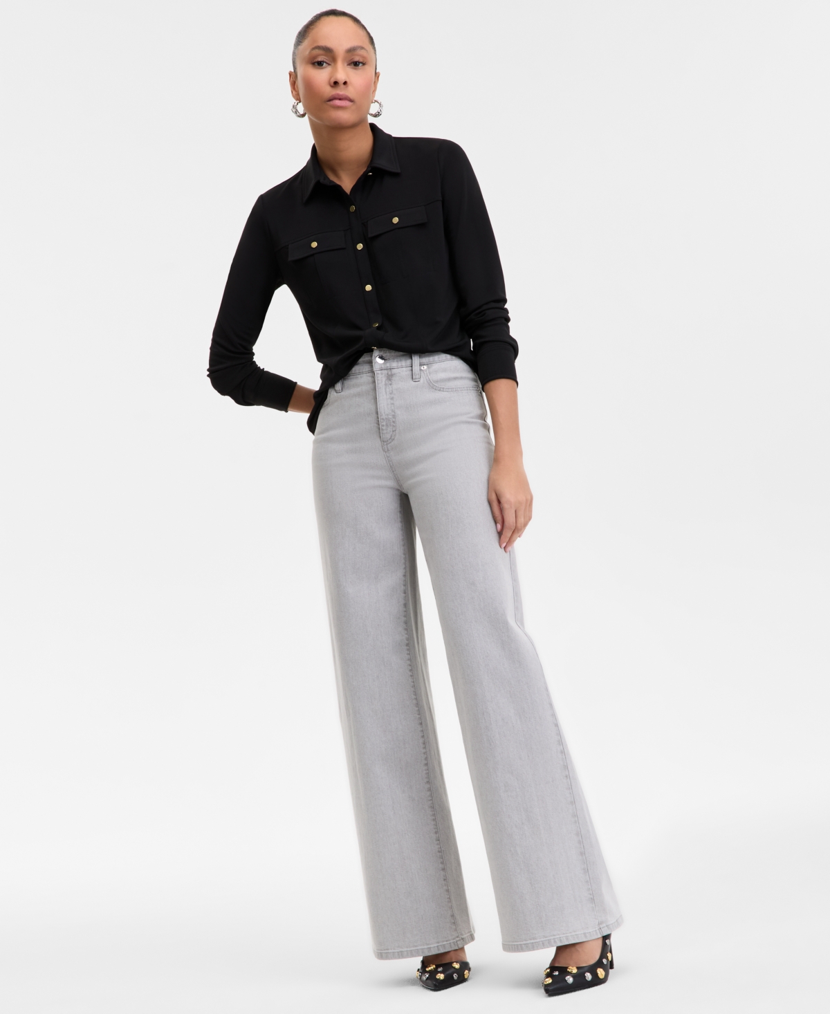 Inc International Concepts Women's Knit Utility Shirt, Exclusively At Macy's In Deep Black