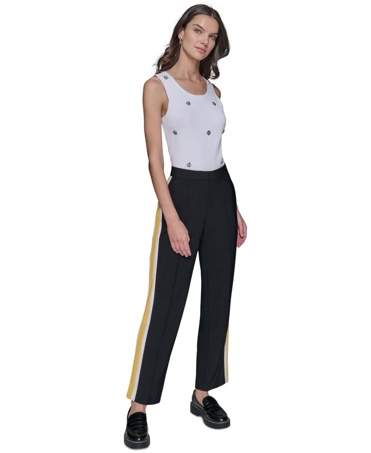 Shop Karl Lagerfeld Women's Side-stripe Ankle Pants In Black  Daffodil