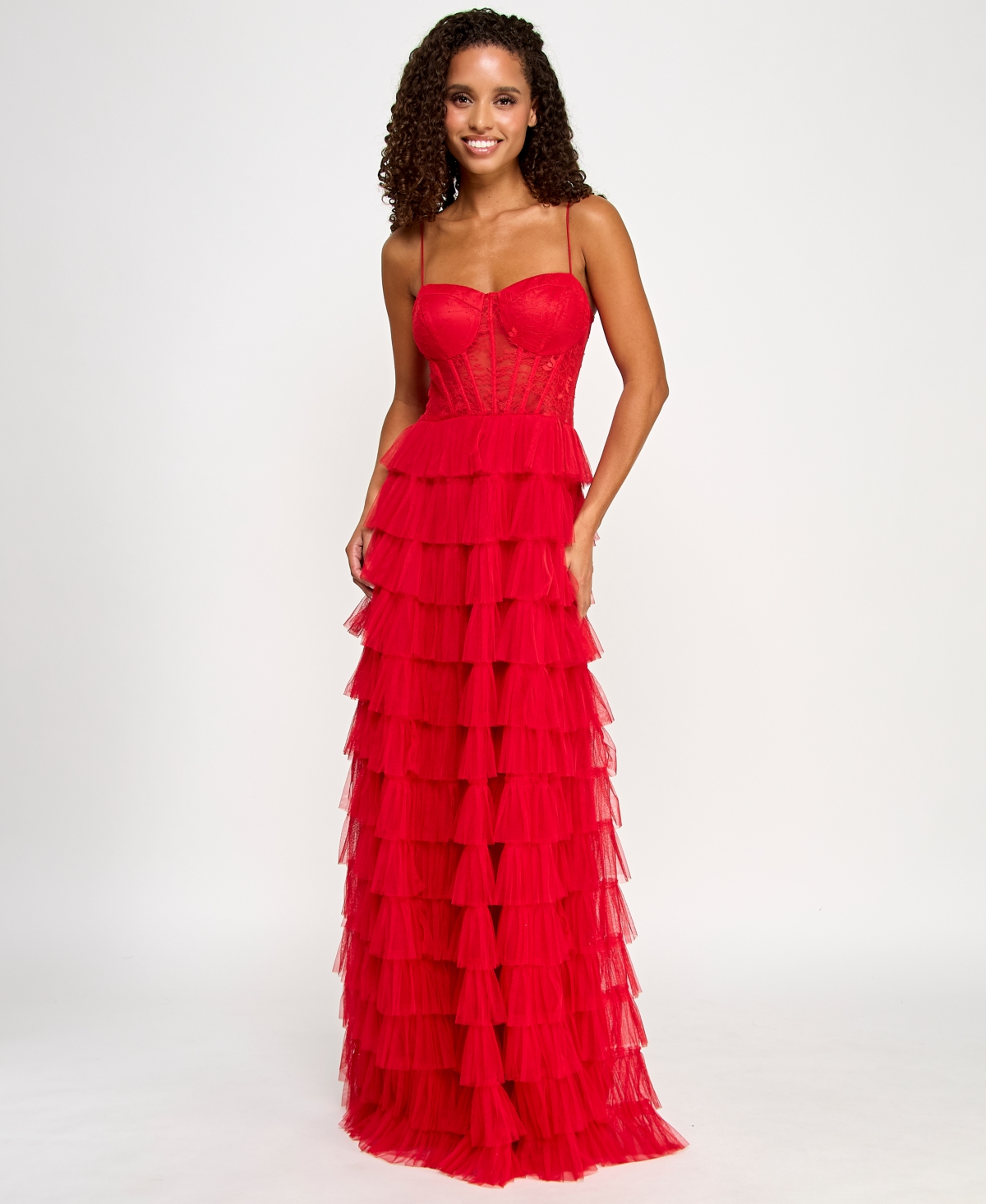 Juniors' Lace Ruffled Sweetheart Sleeveless Gown, Created for Macy's - Red
