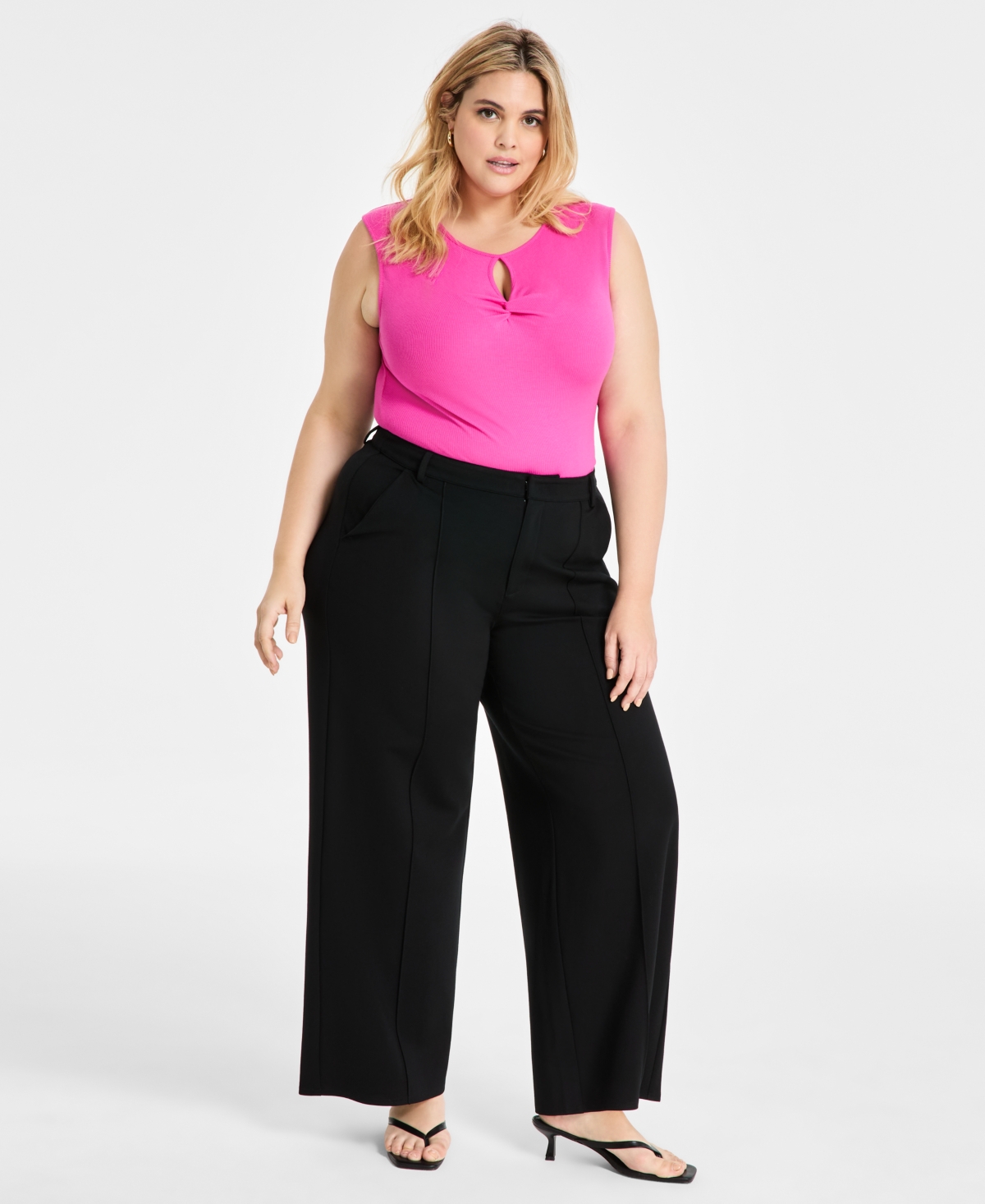 Bar Iii Trendy Plus Size High-rise Wide-leg Ponte-knit Pants, Created For Macy's In Deep Black