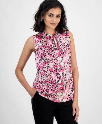Kasper - Women's Printed Satin Keyhole Sleeveless Blouse, Regular & Petite Sizes