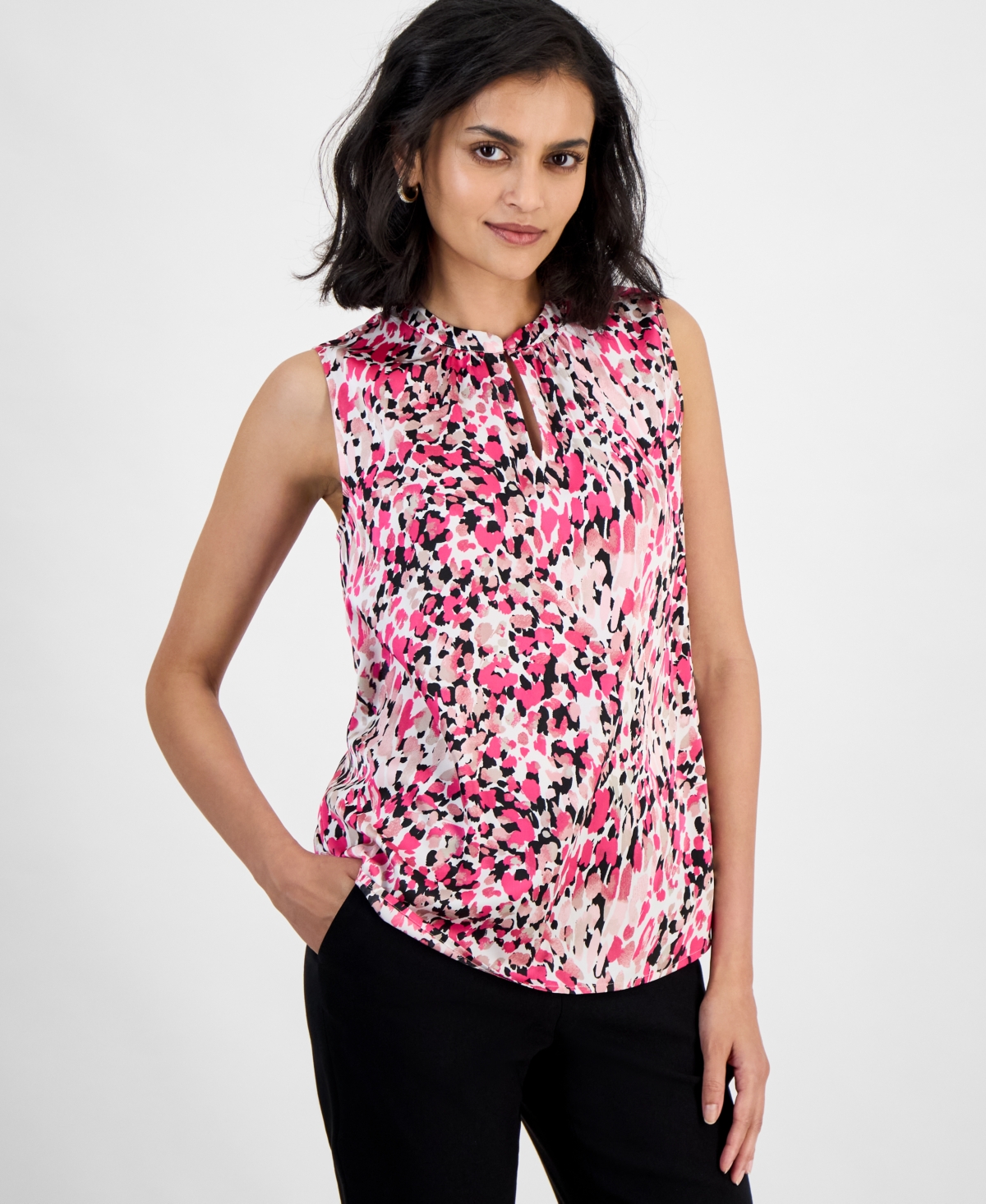 Women's Printed Satin Keyhole Sleeveless Blouse, Regular & Petite Sizes - Pink Perfection Multi