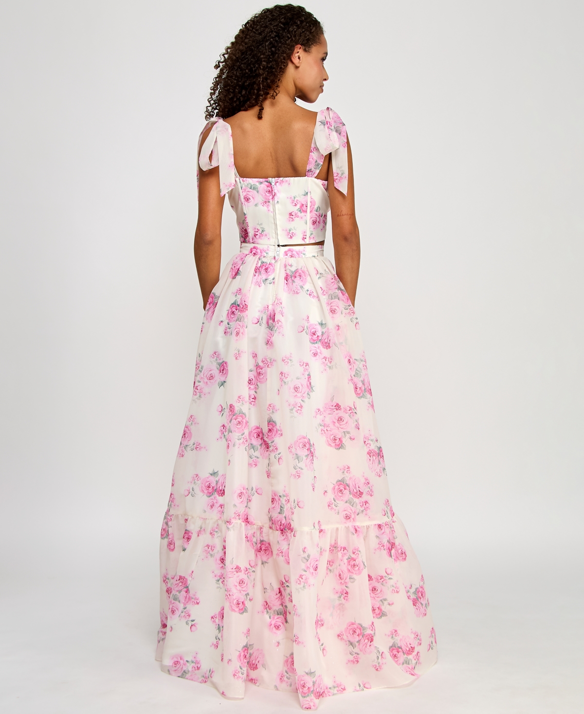 B Darlin Juniors' Floral Print Two-piece Corset Ball Gown, Created For Macy's In Off White,pink