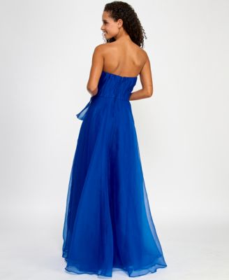 Juniors' Asymmetric Drape Strapless Ball Gown