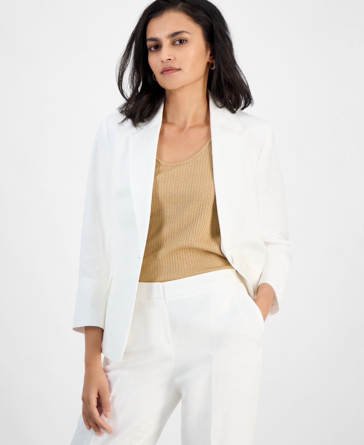 KASPER WOMEN'S LINEN BLEND NOTCHED-COLLAR 3/4-SLEEVE JACKET, REGULAR & PETITE 