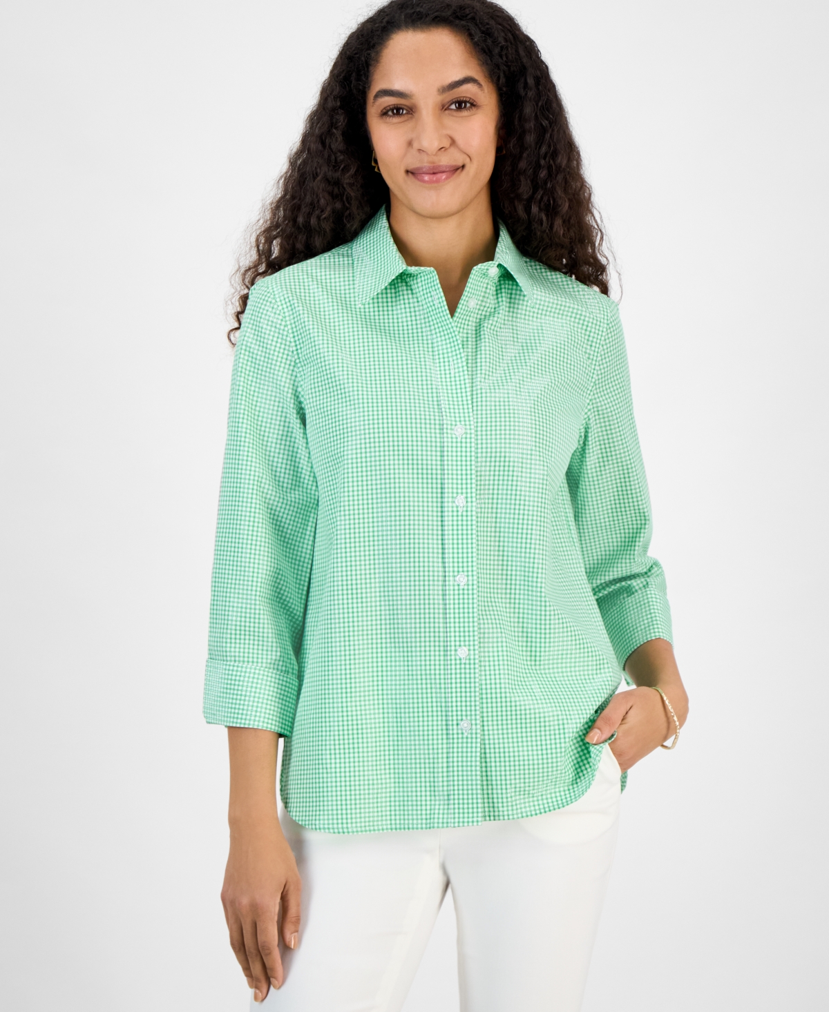 Kasper Women's Gingham Button-front 2/3-sleeve Shirt In Lily White,apple Green