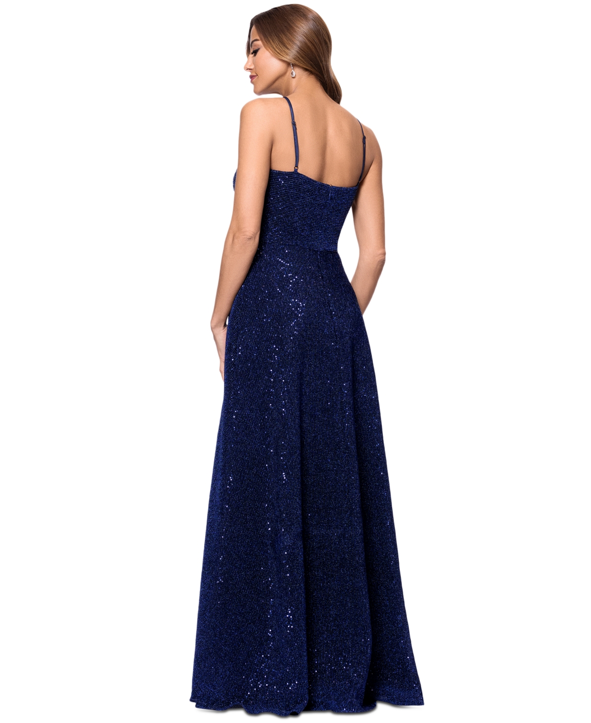 Xscape Women's Sequined Plunge-neck Sleeveless Gown In Navy
