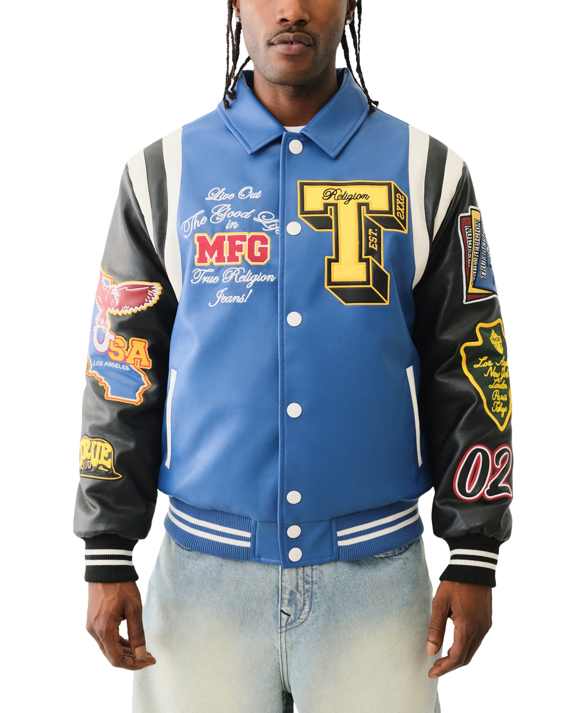 Men's Faux-Leather Logo-Patch Colorblocked Varsity Jacket - Galaxy Blue