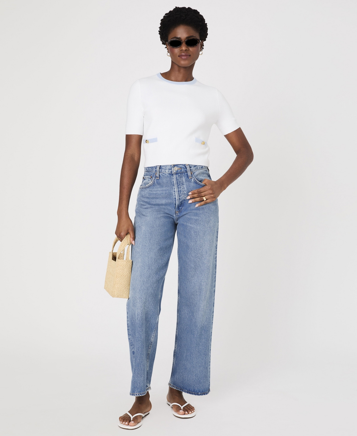 French Connection Babysoft Short Sleeve Sweater In Summer White,sky Blue