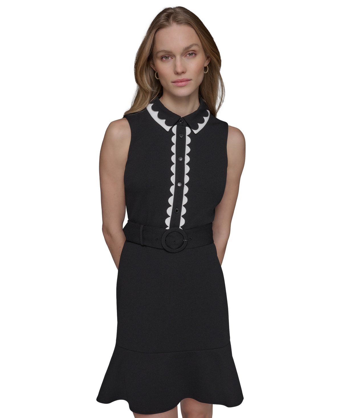 Karl Lagerfeld Scallop Trim Belted A Line Mini Dress In Blk,sft Wt