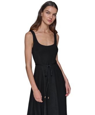 Women's Scoop-Neck Belted Sleeveless Midi Dress