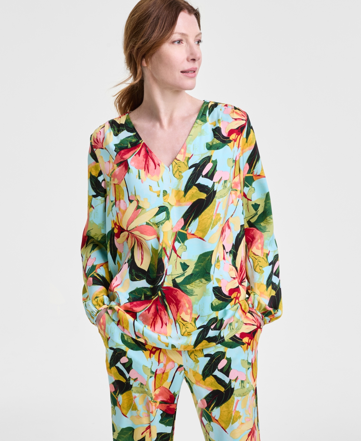 Jm Collection Womens Long Sleeve Satin Blouse Satin Wide Leg Pants Exclusively At Macys In Teal Spark