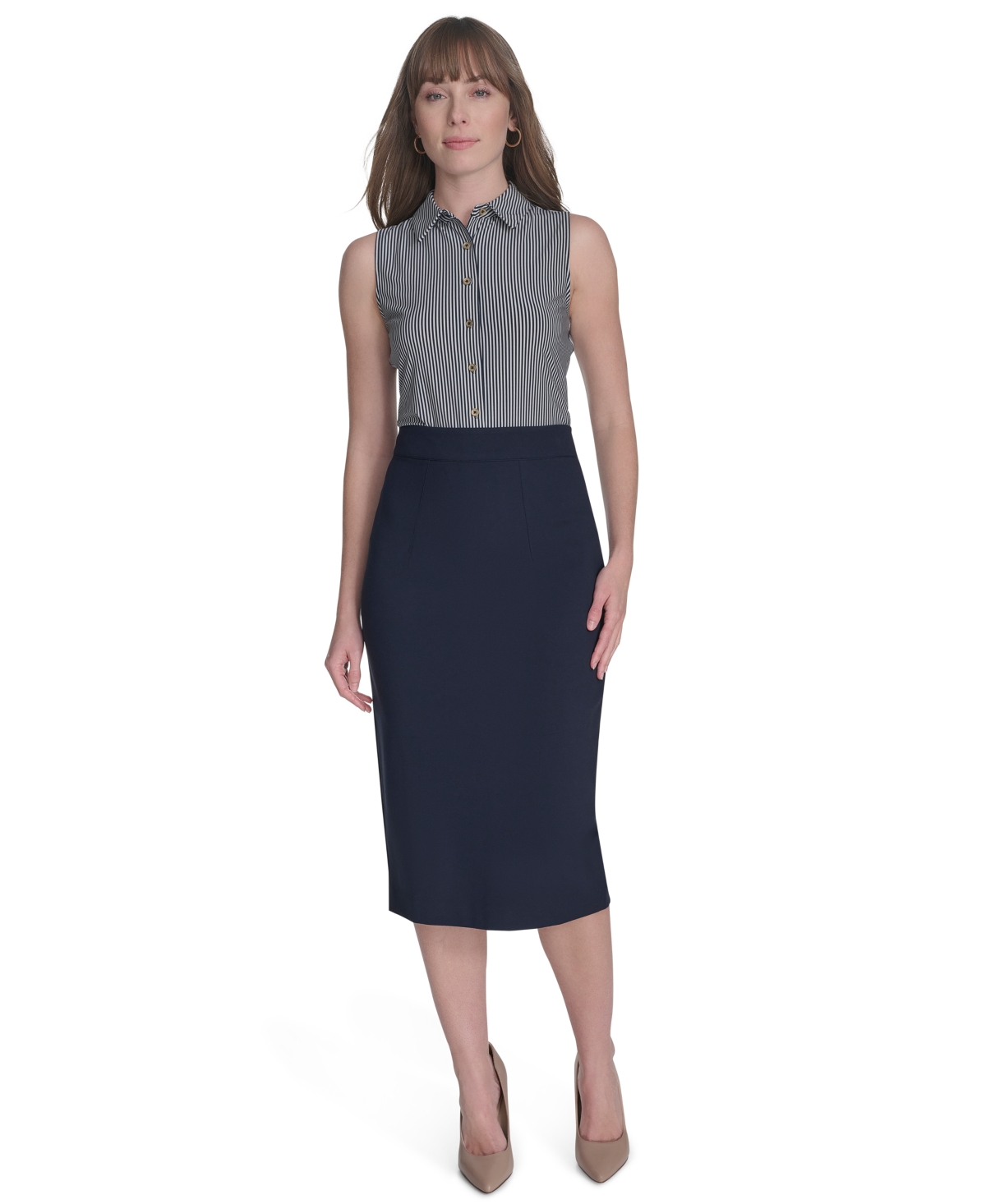 Tommy Hilfiger Women's Striped Sleeveless Button-up Blouse In Midnight,ivory