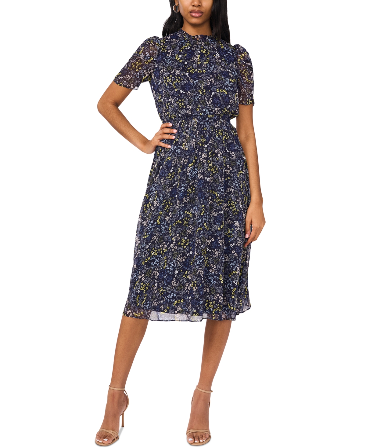Msk Petite Printed Ruched-sleeve Midi Dress In Denim Yellow
