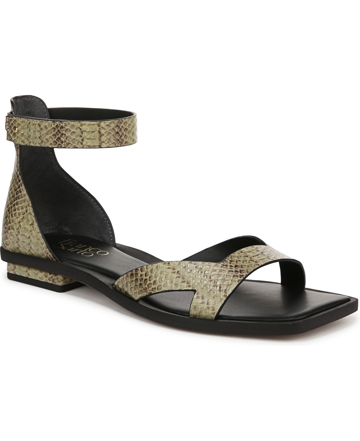 Franco Sarto Women's Elisa Open Square Toe Ankle Strap Flat Sandals In Green Snake Print Faux Leather