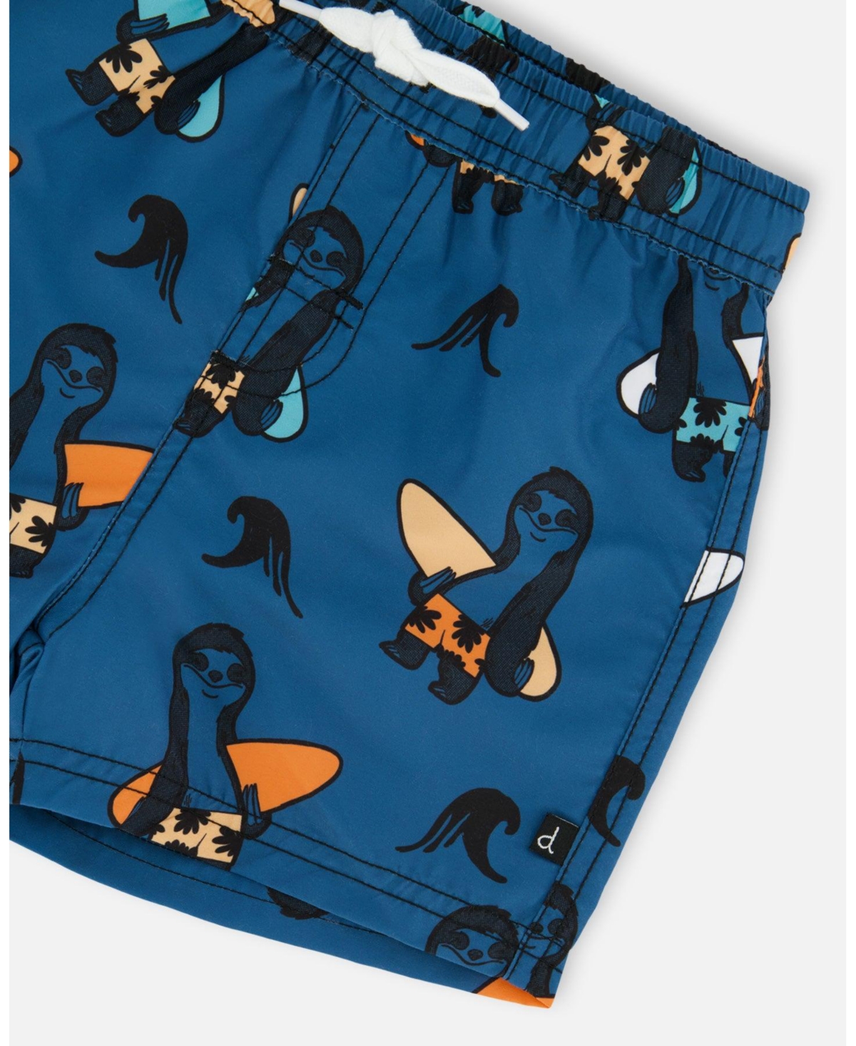 Deux par Deux Boys Printed Swim Trunks Orange Sloths On Navy Blue