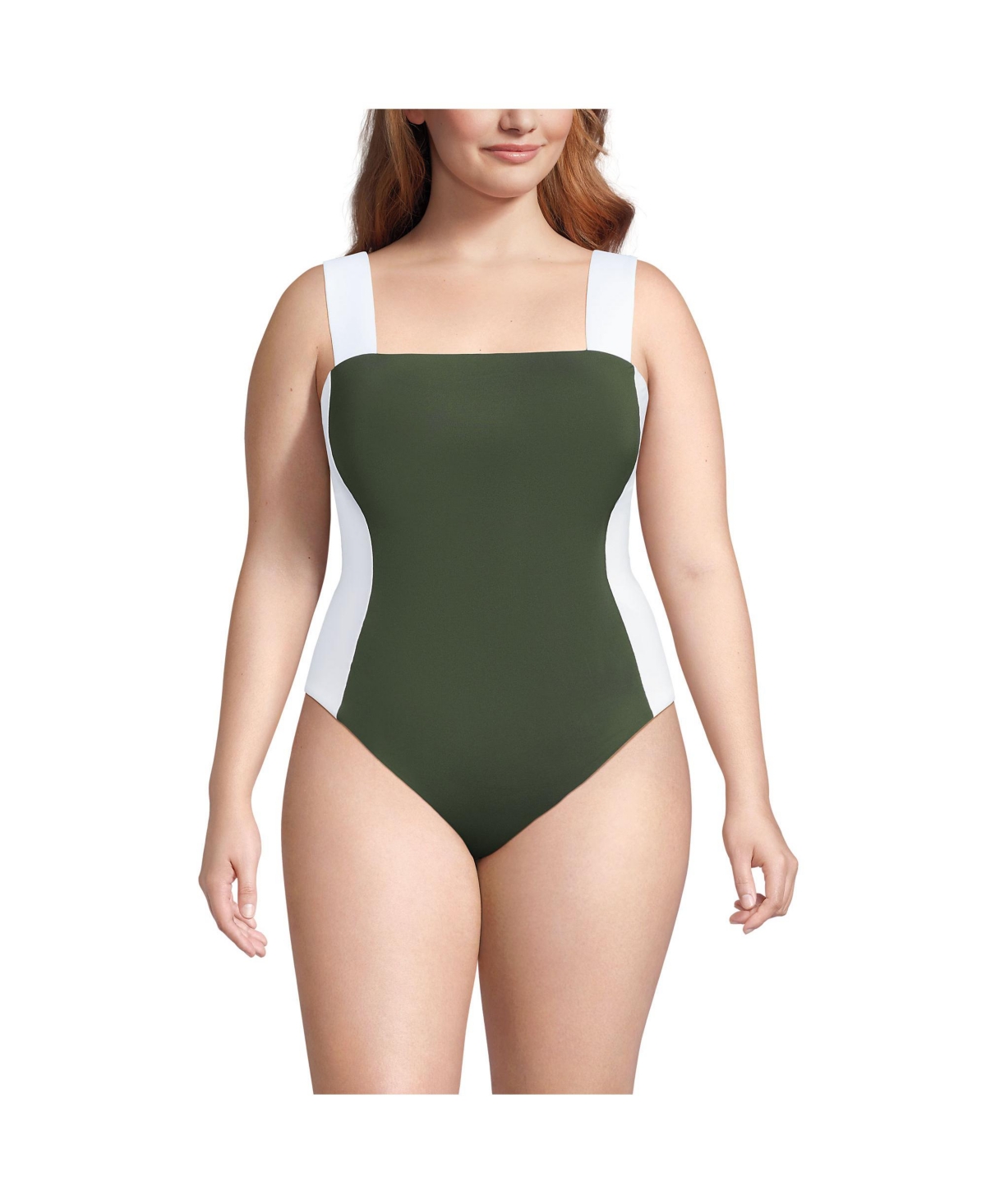 Plus Size Square Neck High Leg One Piece Swimsuit - Rich olive green/white