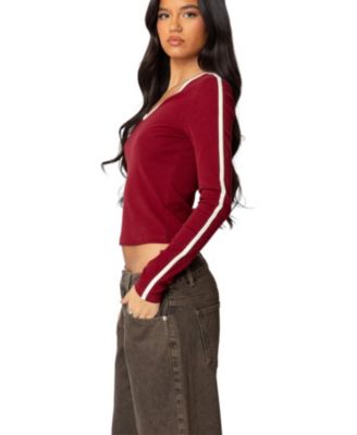 Womens Contrast V Neck Long Sleeve T Shirt