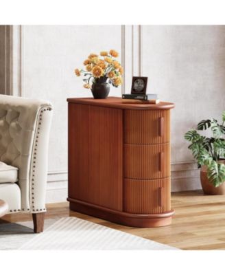 Set of 2 Solid Wood End Tables, 3-Drawer Slim Sofa Side Tables, No Assembly, Finished Back, Walnut for Living Room/Bedroom