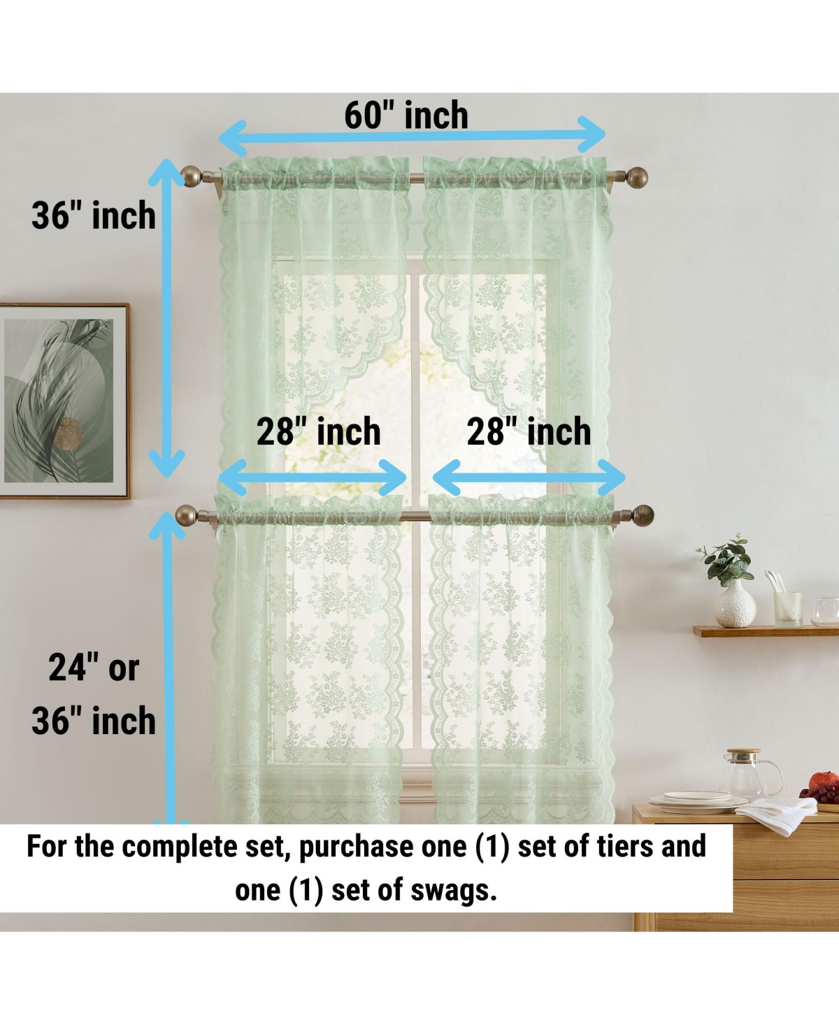 Hlc.me Jolene Floral Rod Pocket Lace Semi Sheer Voile Short Cafe Tiers for Small Windows - 28 x Inch Length (Seafoam Green Tiers