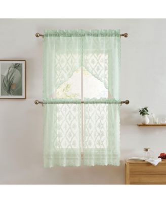 Isabella Floral Rod Pocket Lace Short Cafe Swags for Small Windows - 28 x 36 Inch Length (Seafoam Green Swags, Set of 2)