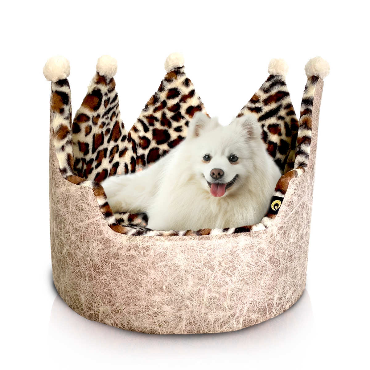 Dream Black Label Leopard Print Crown Dog Bed - Washable Round Cat Bed, Elegant Royal Design Indoor Cuddler Pet Beds for Puppy and Kitten - Brown
