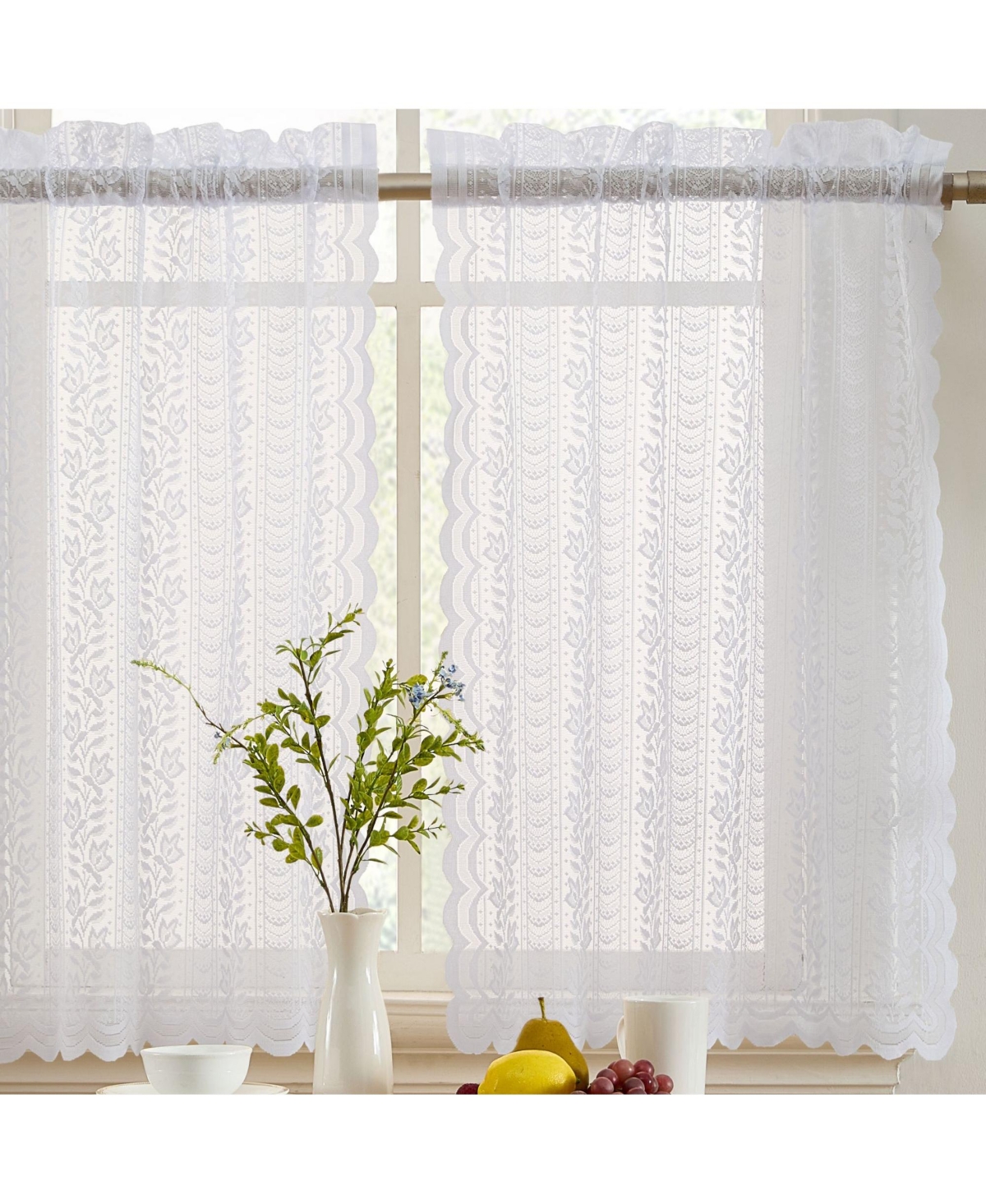 Sophia Floral Rod Pocket Lace Semi Sheer Voile Short Cafe Tiers for Small Windows - 28 x 36 Inch Length (White Tiers, Set of 2) - White