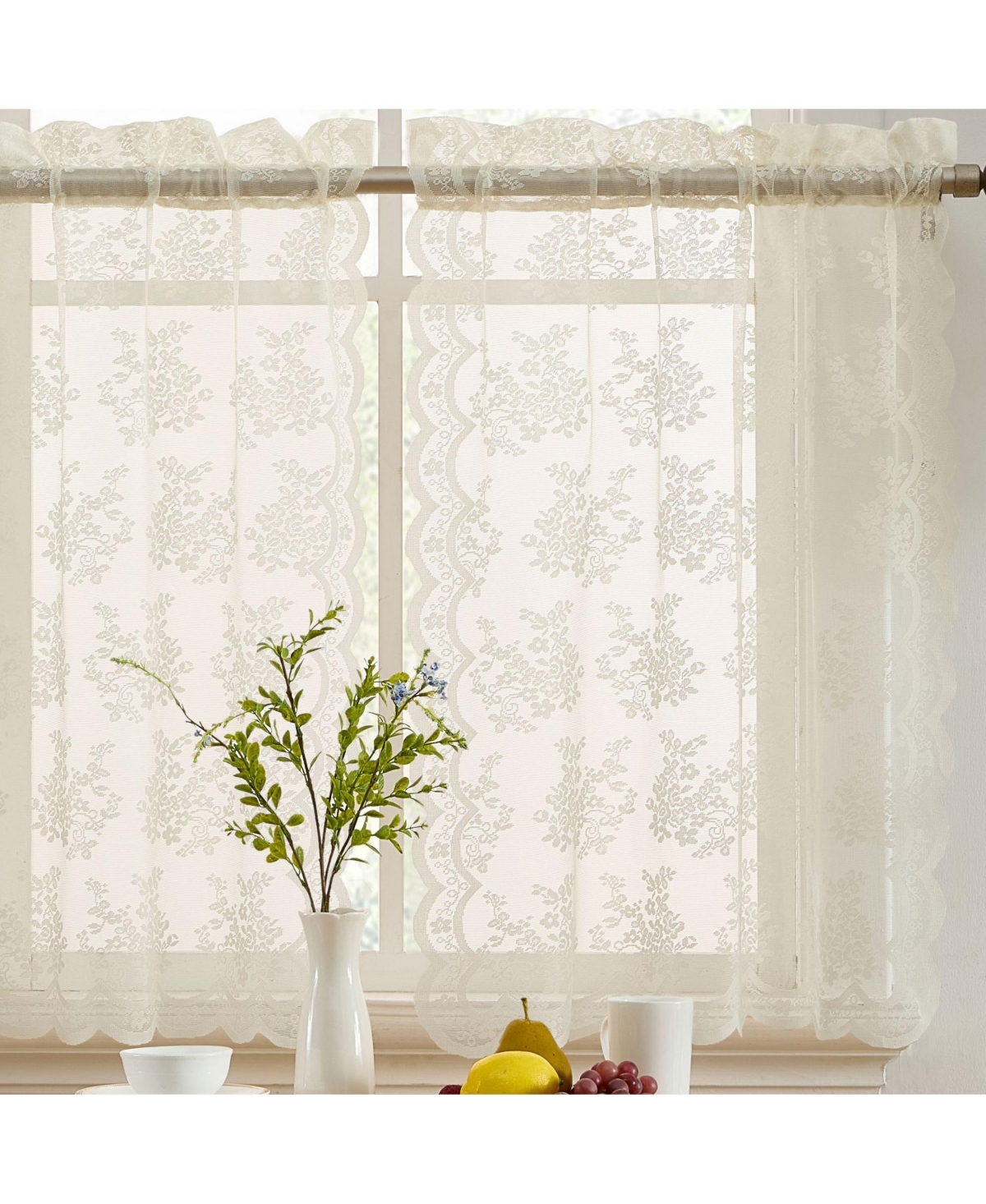 Jolene Floral Rod Pocket Lace Semi Sheer Voile Short Cafe Tiers for Small Windows - 28 x 36 Inch Length (Ivory Tiers, Set of 2) - Ivory
