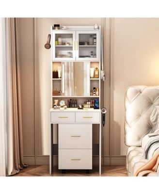 Small Vanity Desk with Mirror and LED Lights – Compact Makeup Table with Charging Station and Storage Shelves for Small Spaces