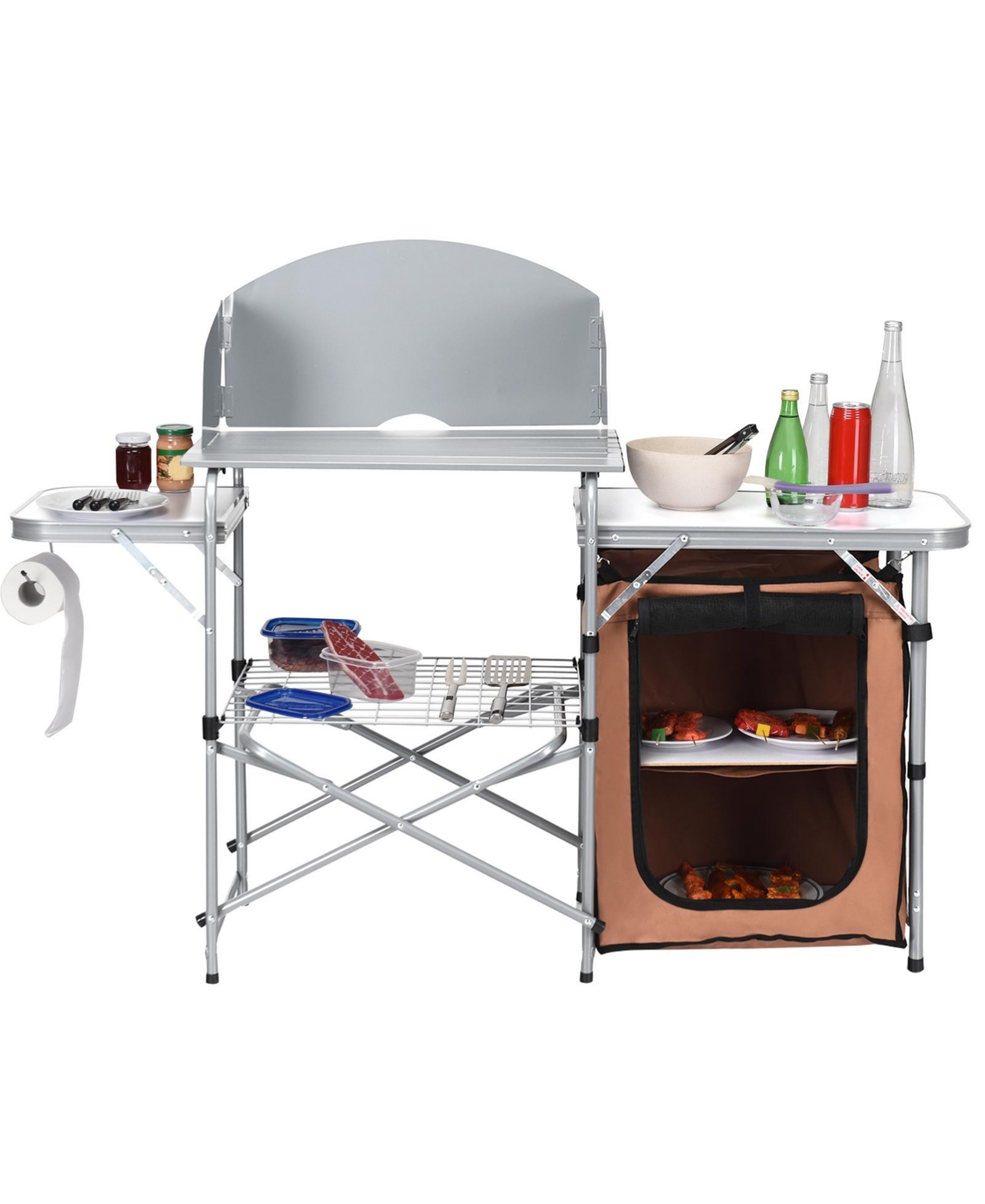 Foldable Outdoor Bbq Portable Grilling Table with Windscreen Bag - Silver