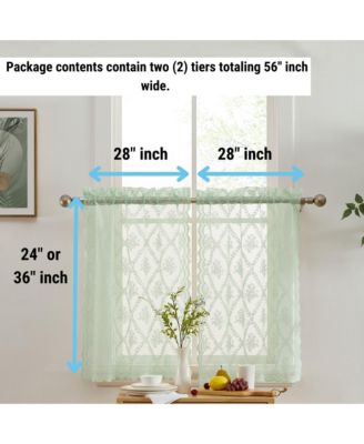 Isabella Floral Rod Pocket Lace Semi Sheer Voile Short Cafe Tiers for Small Windows - 28 x 24 Inch Length (Seafoam Green Tiers, Set of 2)