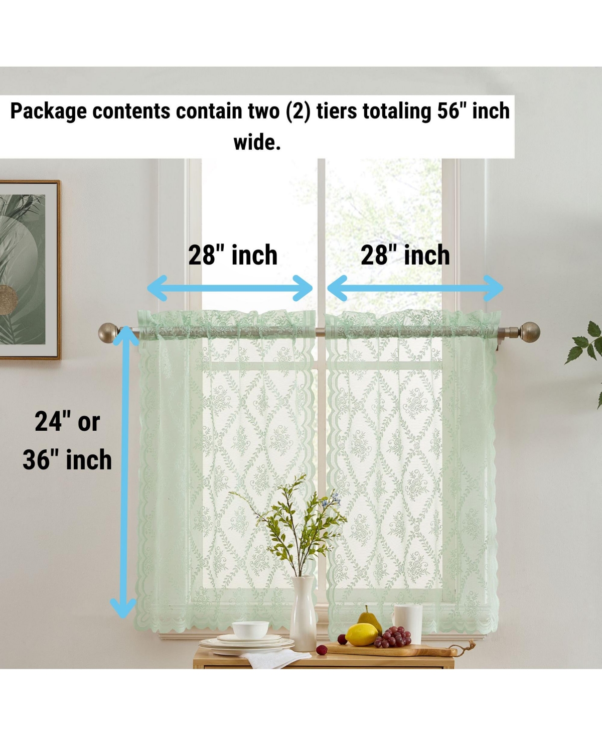 Hlc.me Isabella Floral Rod Pocket Lace Semi Sheer Voile Short Cafe Tiers for Small Windows - 28 x Inch Length (Seafoam Green Tiers