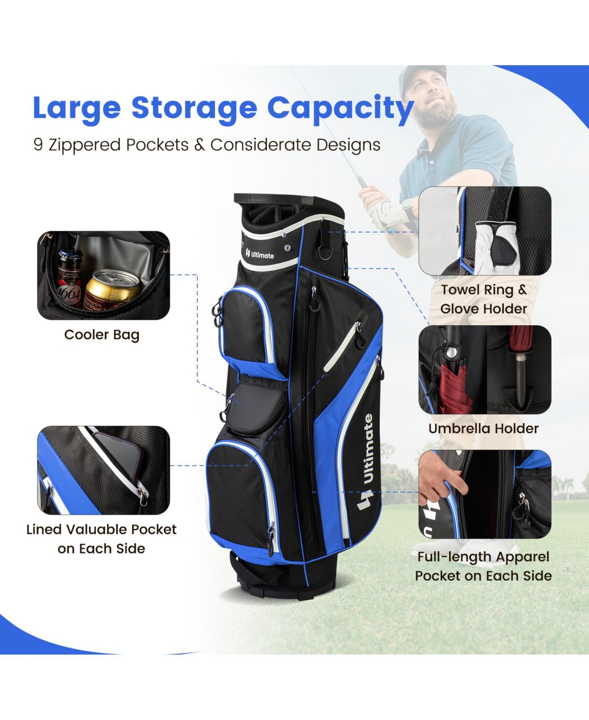 Golf Cart Bag with 14 Way Top Dividers