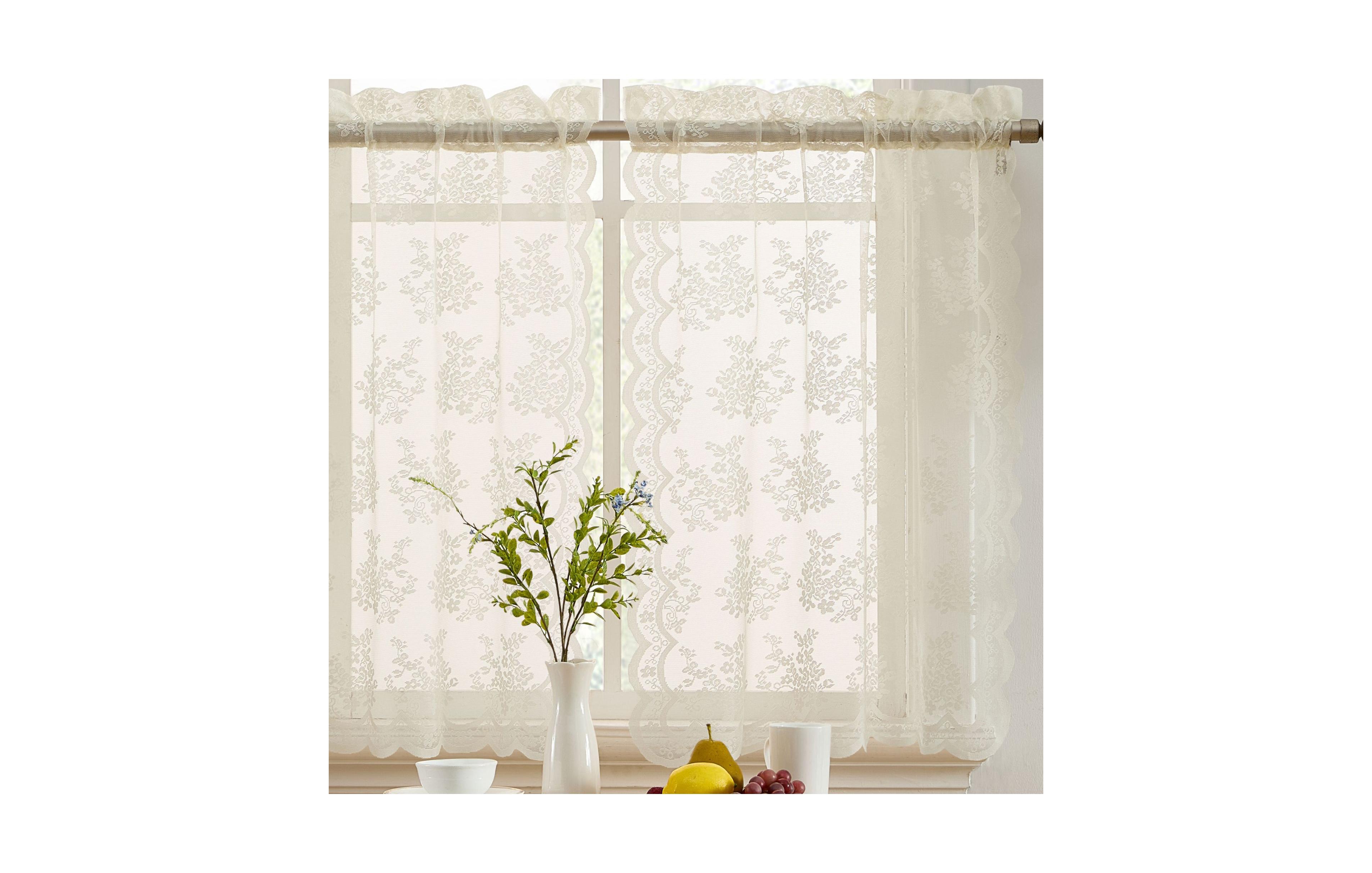 Hlc.me Jolene Floral Rod Pocket Lace Semi Sheer Voile Short Cafe Tiers for Small Windows - 28 x 24 Inch Length (Ivory Tiers, Set of 2)