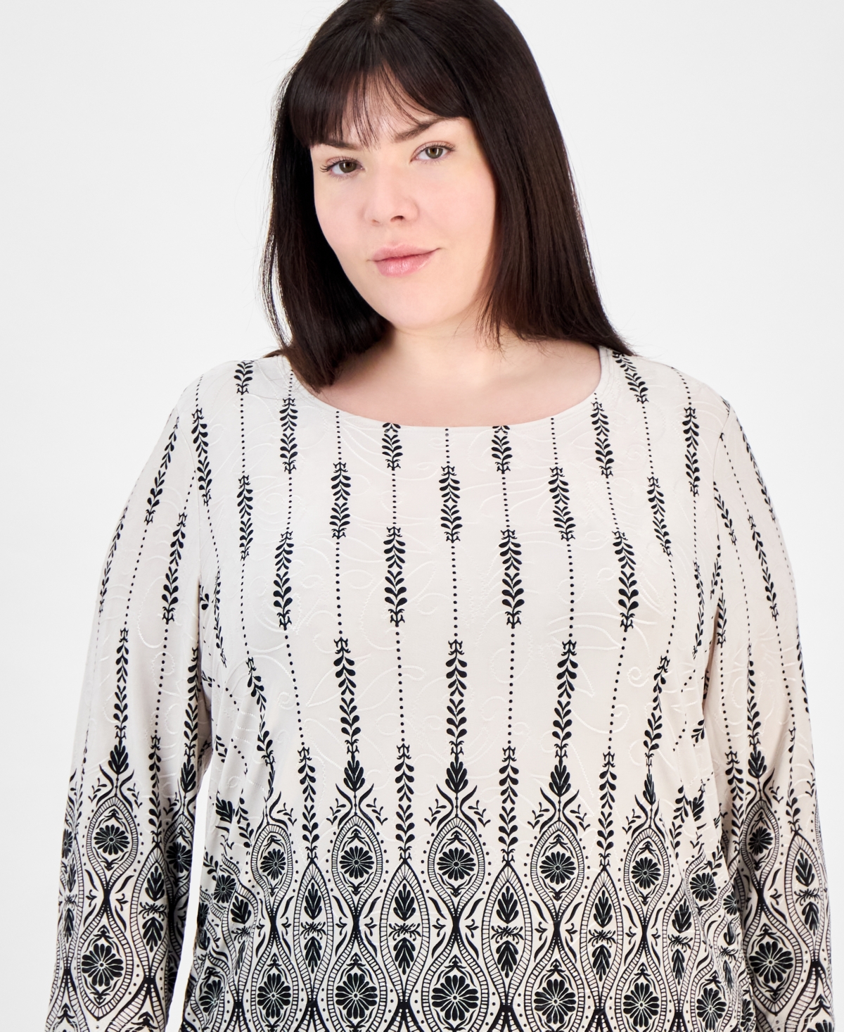 Jm Collection Plus Size Printed Jacquard Scoop-neck Top, Exclusively At Macy's In Stonewall